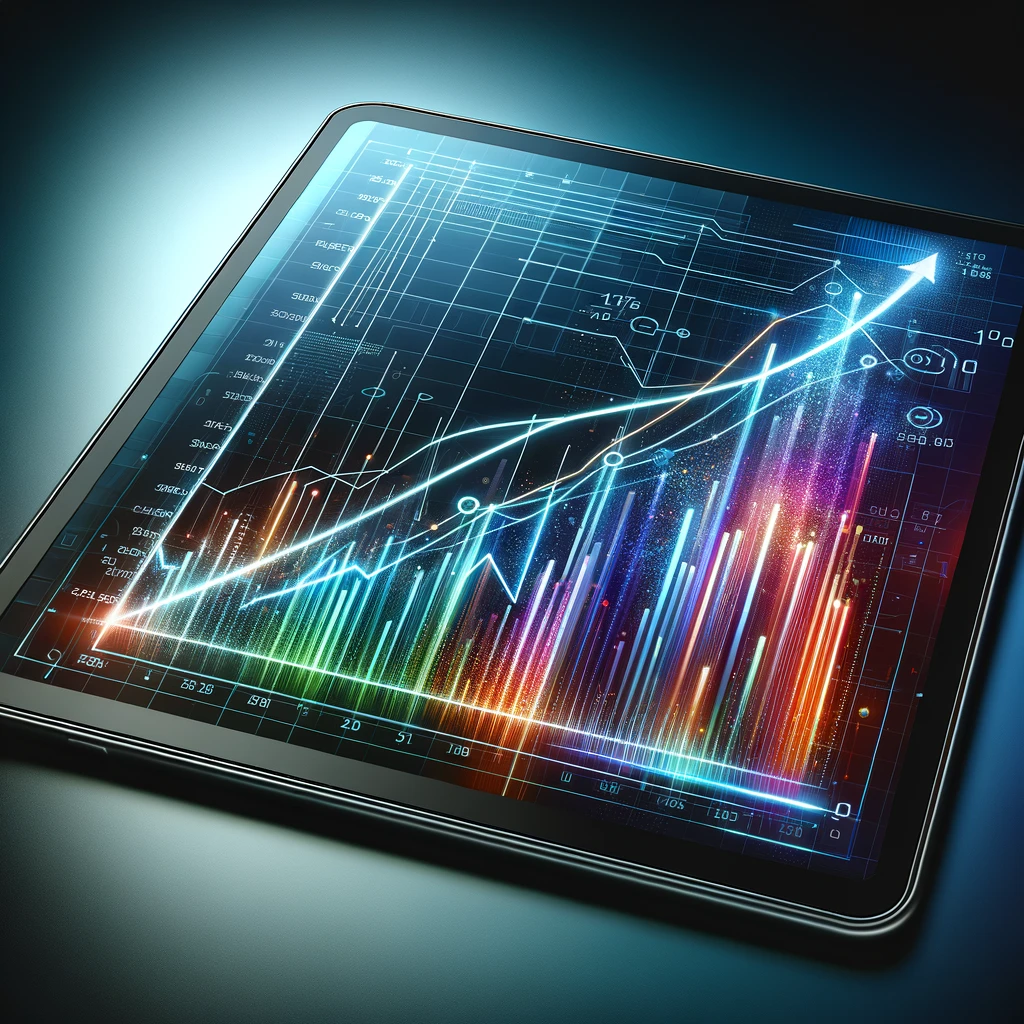 Digital tablet displaying a dynamic and colorful graph with upward trends, symbolizing significant growth and positive analytics data.